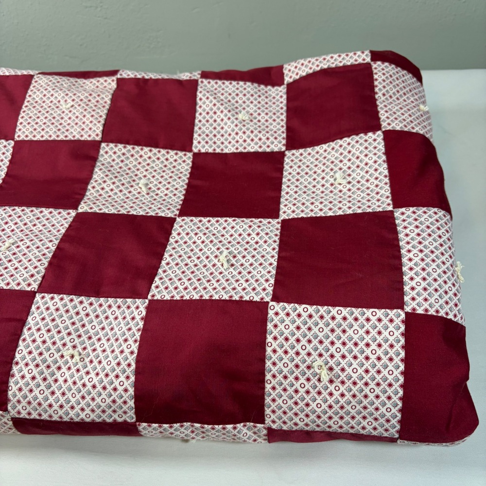 Vintage Handmade Patchwork Quilt Red Cream Checkerboard Cottagecore 104x72